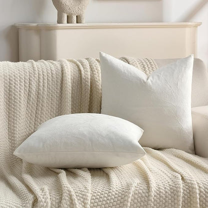 FUTEI Cream Velvet Throw Pillow Covers 16x16 Inch Set of 2,Soft Embossed Leaf-Relief Textured Cushion Cases,Natural Home Decor for Couch Living Room