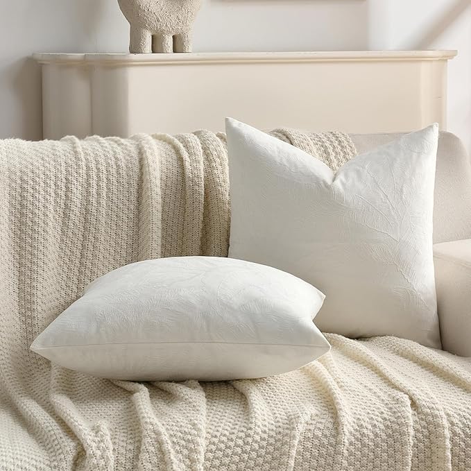 FUTEI Cream Velvet Throw Pillow Covers 26x26 Inch Set of 2,Soft Embossed Leaf-Relief Textured Euro Pillow Shams,Natural Home Decor for Couch Living Room
