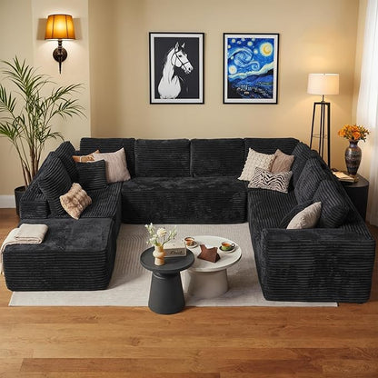 Weaxty Boneless Sectional Couch, Oversized L Shaped Modular Cloud Couches, Plush Corduroy Memory Foam Deep Seat Floor Sofa, No Assembly Required，Black