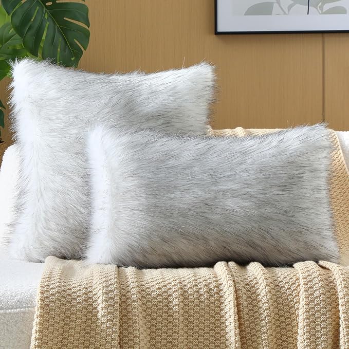 FUTEI Black White Decorative Throw Pillow Covers 26x26 Inch Set of 2,Soft Fluffy Faux Fox Fur Textured Euro Pillow Shams,Modern Home Decor for Couch Living Room