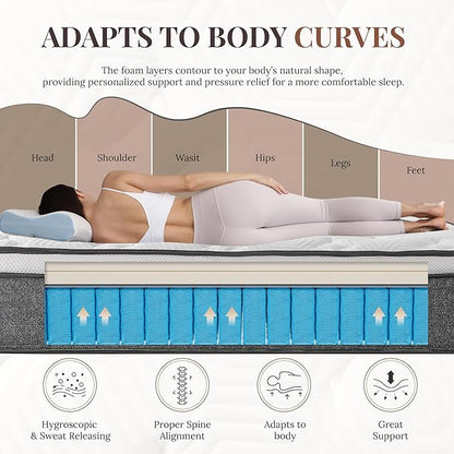 Queen Mattress, 12 Inch Queen Size Hybrid Mattresses in a Box, Medium Feel Foam and Individual Pocket Springs, Fiberglass Free Bed Mattress, Extra Edge Support, Pressure Relief, CertiPUR-US