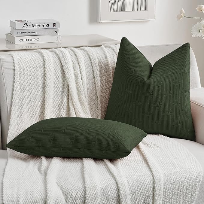 FUTEI Christmas Dark Green Chenille Decorative Throw Pillow Covers 22x22 Inch Set of 2,Soft Cozy Striped Geometric Patterns Cushion Cases,Modern Home Decor for Couch Bed Living Room