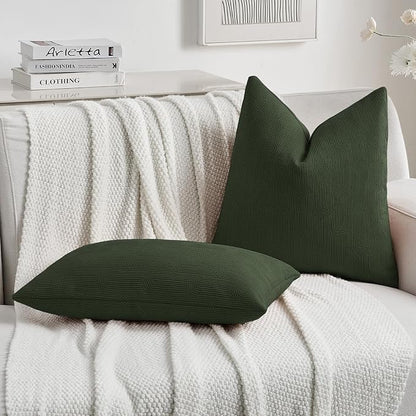 FUTEI Christmas Dark Green Chenille Decorative Throw Pillow Covers 18x18 Inch Set of 2,Soft Cozy Striped Geometric Patterns Cushion Cases,Modern Home Decor for Couch Bed Living Room