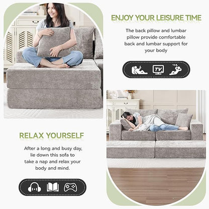 79" Boneless Loveseat Sofa Couch, Modular Foldable Floor Cloud Sofa with Ottoman, Lounge Convertible Sofa Bed for Living Room, No Assembly, Chenille Light Grey