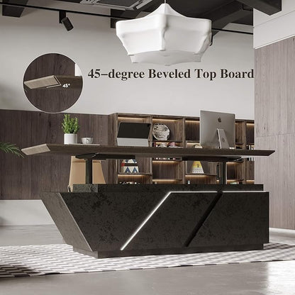 SAINTCY 78.7 Inch Adjustable Executive Desk - Luxury L Shaped Desk with Drawers, Large Table with File Cabinets, Executive Office Desks with LED Light Strip Home Office Desk for Professionals
