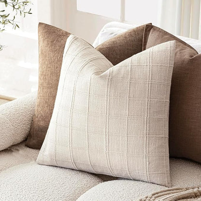 Foindtower Set of 2 Decorative Linen Check Throw Pillow Covers Neutral Farmhouse Vintage Cushion Covers Modern Boho Home Decor for Sofa Chair Couch Bedroom Living Room,22×22 Inch,Natural Beige