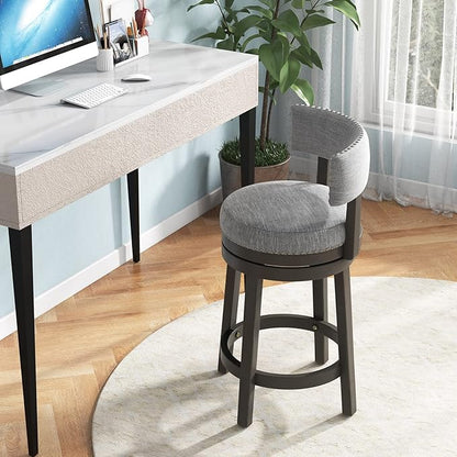 COSTWAY Bar Stool Set of 4, 27-inch 360° Swivel Barstool with Upholstered Back & Seat, Solid Rubber Wood Legs & Footrest, Farmhouse Counter Height Chair for Home, Bar, Cafe, Grey (4, Seat height 27‘’)