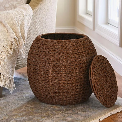 Household Essentials Handwoven Paper Rope Barrel Wicker Storage Basket Side Table, Brown