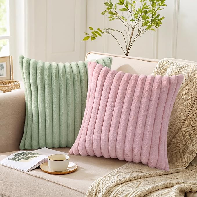 Pallene Faux Fur Plush Throw Pillow Covers 20x20 Set of 2, Luxury Soft Fluffy Striped Decorative Pillow Covers for Sofa, Couch, Living Room, Sage Green