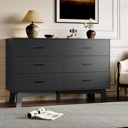 Dresser for Bedroom with 6-Drawer, 47.2" Modern Chest of Drawers with Metal Handles, X-Shape Base & Adjustable Center Leg, Anti-Tip Closet Organizers and Storage