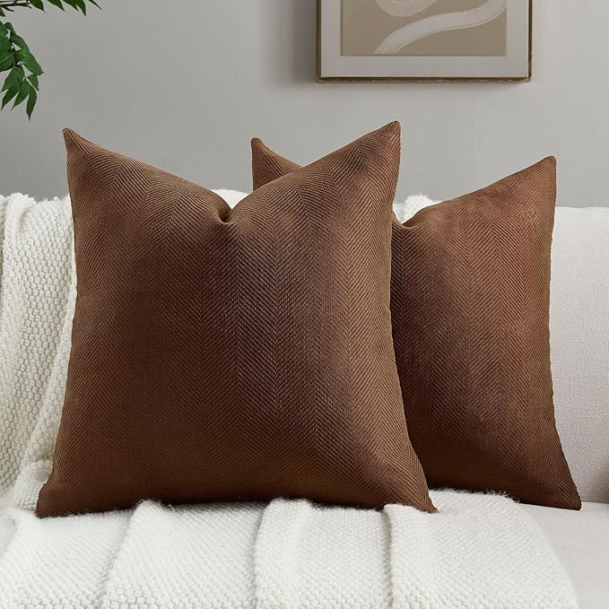 FUTEI Dark Brown Chenille Throw Pillow Covers 18x18 Inch Set of 2,Soft Wide Chevron Textured Cushion Case,Farmhouse Home Decor for Couch Bed Living Room
