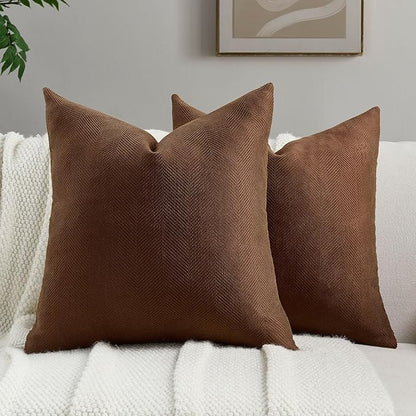 FUTEI Dark Brown Chenille Throw Pillow Covers 24x24 Inch Set of 2,Soft Wide Chevron Textured European Pillow Shams,Farmhouse Home Decor for Couch Bed Living Room