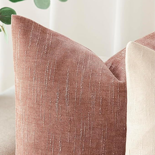 Foindtower Pack of 2 Textured Chenille Throw Decorative Pillow Covers Square Accent Solid Cushion Cover Neutral Farmhouse Pillow Case for Couch Sofa Bedroom Living Room 24x24 Inch,Dusty Pink
