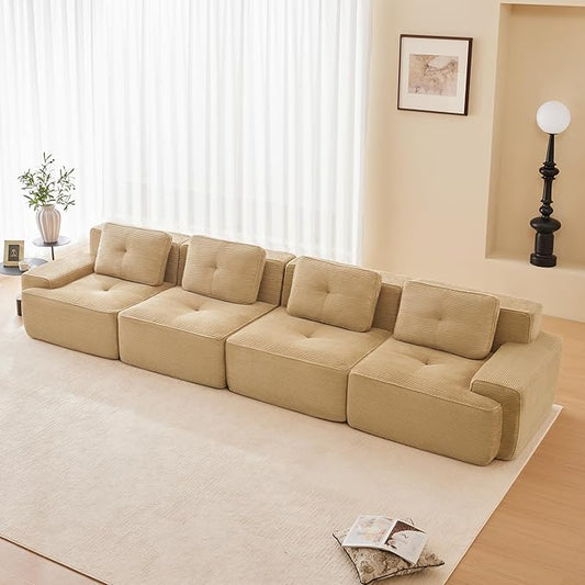 150.4” Camel Boneless Couches for Living Room, Modular Sectional Sofa, 4 Seater Comfy Upholstered Deep Seat Corduroy Fabric Cloud Couch No Assembly, Anti-Slip Design