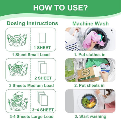 Laundry Detergent Sheets, 200 Count, Fragrance Free, Eco-Friendly, Plastic-Free, Hypoallergenic, Liquidless Washing Supplies for Dorm Travel Camping
