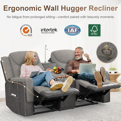 Loveseat Recliner Sofa, Manual Double Recliner with Storage Console, Cup Holder, USB Port & Reading Light, Grey Linen & PU Leather Manual Reclining Couch for Living Room, RV/Theater Seating