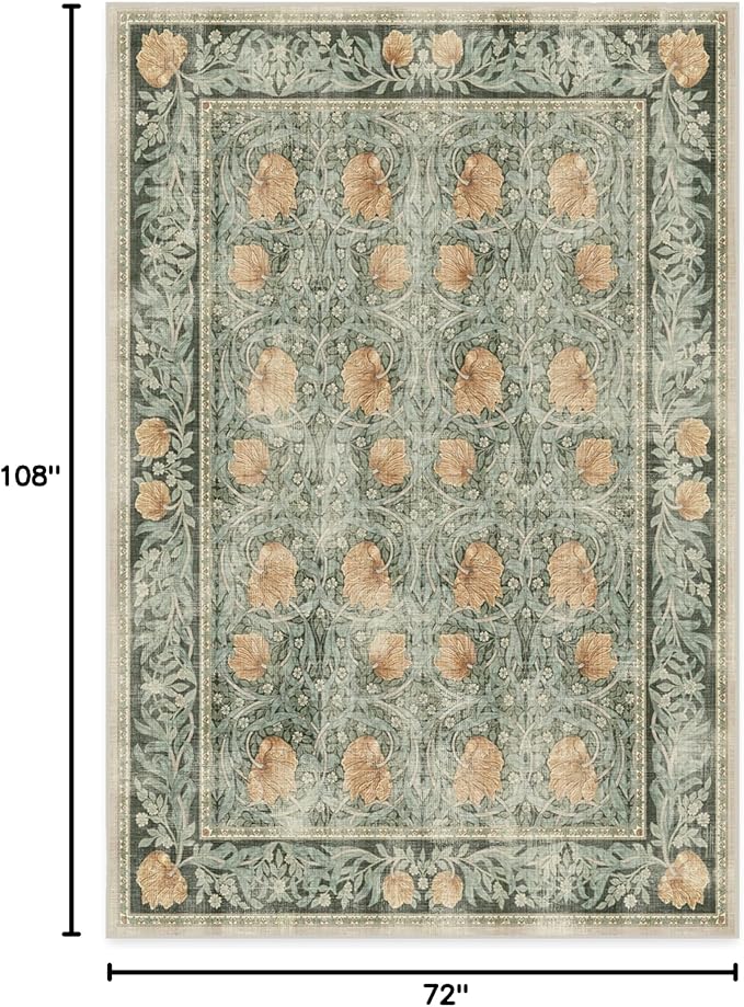 RUGGABLE x Morris & Co Washable Area Rug – Pimpernel Vintage Green 6x9, Stain-Resistant, Non-Slip – Medium Machine Washable Rugs for Living Room, Bedroom, Hallway, Entryway & Office–with Standard Pad