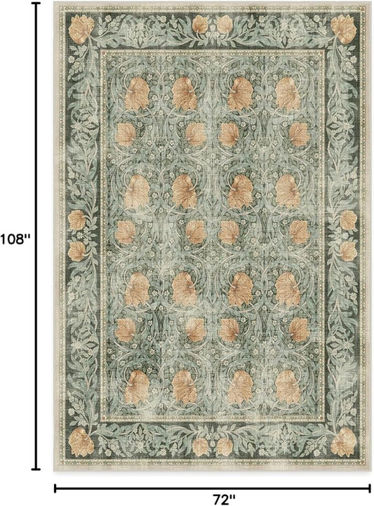 RUGGABLE x Morris & Co Washable Area Rug – Pimpernel Vintage Green 6x9, Stain-Resistant, Non-Slip – Medium Machine Washable Rugs for Living Room, Bedroom, Hallway, Entryway & Office–with Standard Pad