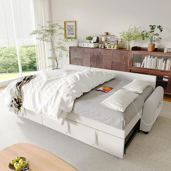 Ucloveria Sleeper Sofa Bed, 86" Convertible Sectional Sofa Couches for Living Room, Pull Out Couch Bed with Reversible Storage Chaise | USB Ports | Side Pockets | Removable Backrest