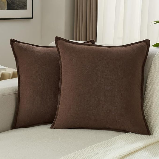 FUTEI Brown Chenille Throw Pillow Covers 26x26 Inch Set of 2,Edges Double-Stitched Euro Pillow Shams,Modern Home Decor for Couch Living Room