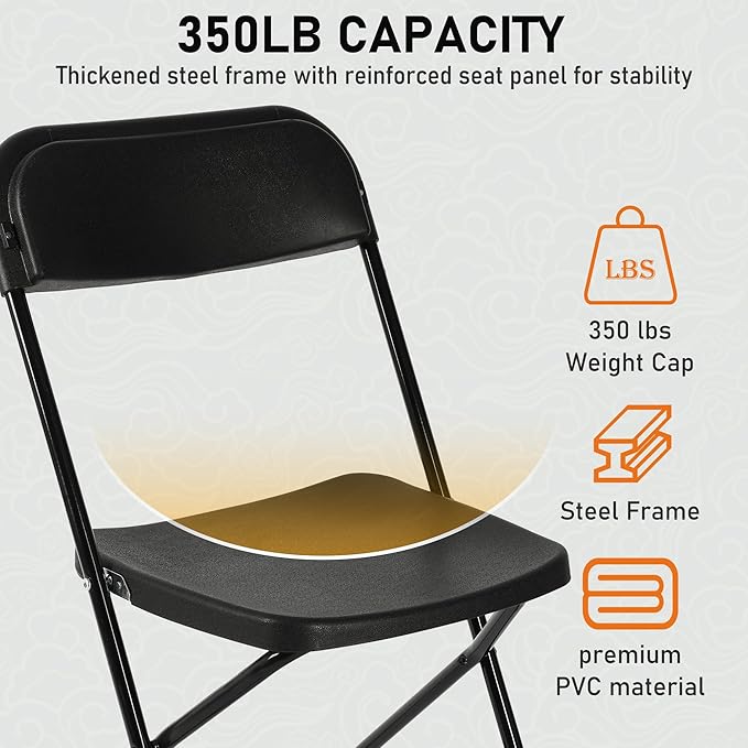 SEALAMB Plastic Folding Chairs 16 Pack, Black Commercial Portable Indoor/Outdoor Chairs for Home Office, Wedding, Events Parties with Steel Frame, 350lbs Capacity (Black-Plastic, 16 Pack)