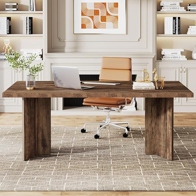 Tribesigns 63-inch Executive Desk, Vintage Office Computer Desk with Large Tabletop, Farmhouse Wood Writing Conference Table Workstation for Home Office, Study, Dark Brown