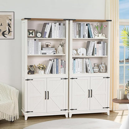 5 Tier Bookshelf 70in Tall Bookcase with Barn Doors and Storage Cabinet, White Farmhouse Book Shelf with Adjustable Shelves, Wood Freestanding Display Bookshelves for Bedroom, Kitchen (2PCS)