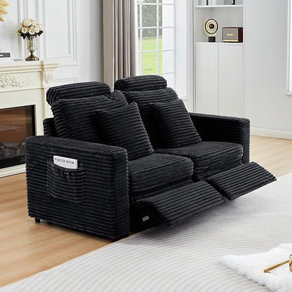 ORRD Power Reclining Sectional Sofa, Electric Loveseat Recliner with 2 Electric Footrest and Adjustable Headrest, Modern Plush Corduroy Fluffy Reclining Sectional with Deep Seat for Living Room-Black