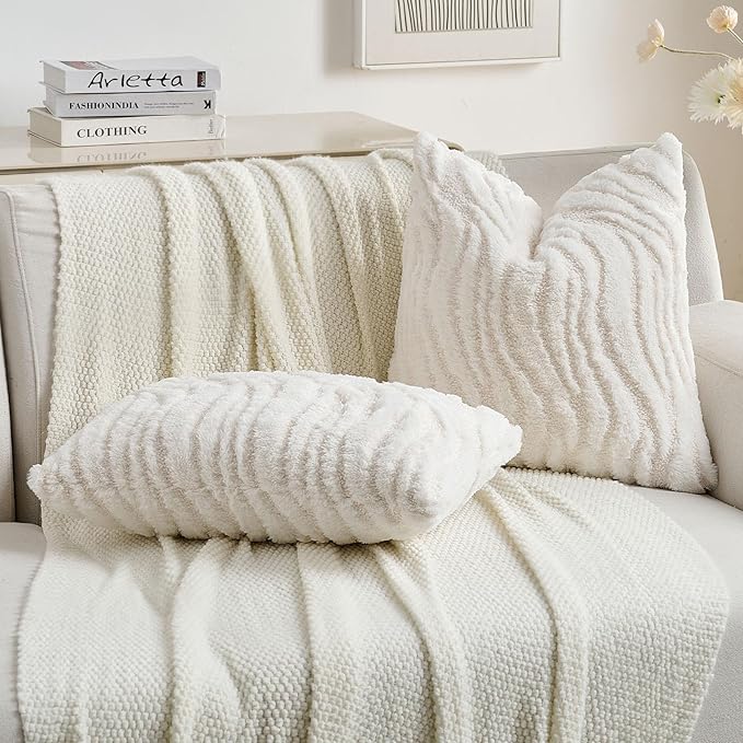 FUTEI White Decorative Throw Pillow Covers 20x20 Inch Set of 2,Soft Faux Fur Geometric Shapes Texture Cushion Case,Boho Home Decor for Couch Bed Living Room