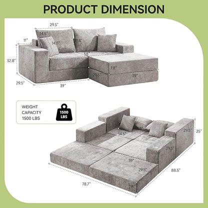 79" Boneless Loveseat Sofa Couch, Modular Foldable Floor Cloud Sofa with Ottoman, Lounge Convertible Sofa Bed for Living Room, No Assembly, Chenille Light Grey