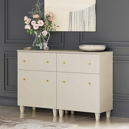 WAMPAT Storage Cabinets with Drawers and Doors, 2-in-1 Living Room Beige Wood Side Cabinets Floor Storage Organizer with Adjustable Shelf for Dining Room, Kitchen, Entryway, Hallway, 47.2x15.3x32.4