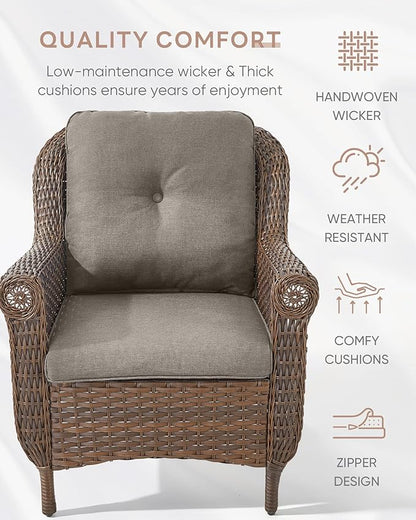3 Piece Patio Brown Wicker Chairs with Side Table - Outdoor High Back Heavy Duty All-Weather Lawn Dining Rattan Chair Conversation Bistro Set for Deck Porch Balcony Backyard Garden - Grey