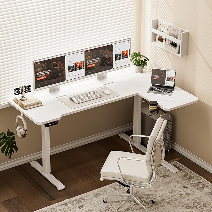 71" Reversible L-Shaped Electric Standing Desk Adjustable Height Gaming Stand Up Corner Desk Sit Stand Home Office Computer Desk with Splice Board, White