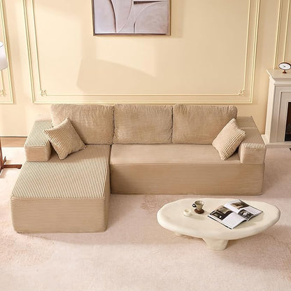 107" Boneless Couch with Deep Seat, Modular Sectional Sofa, Cloud Sectional Couch for Living Room, No Assembly Required, Corduroy, L-Shape Left，Camel