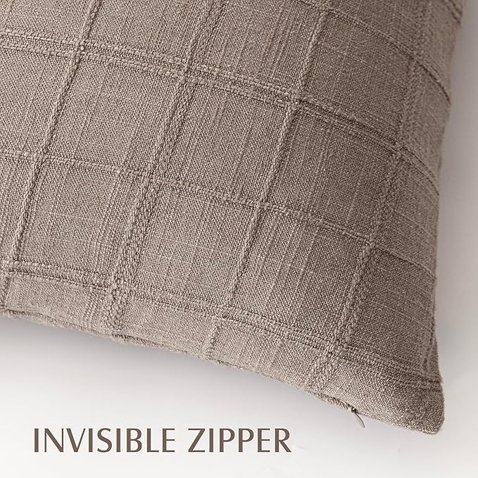 Foindtower Set of 2 Decorative Linen Check Throw Pillow Covers Neutral Farmhouse Vintage Cushion Covers Modern Boho Home Decor for Sofa Chair Couch Bedroom Living Room,22×22 Inch,Tan Taupe