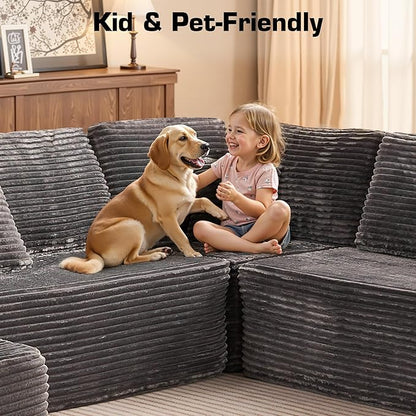 133.1'' Boneless Sectional Couches for Living Room, Oversized Cloud Couch with Chaise & Ottoman, Modular Sofa Sets Deep Seat Plush Corduroy, No Assembly Required,Plush Corduroy,Gray