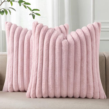 Pallene Faux Fur Plush Throw Pillow Covers 18x18 Set of 2, Luxury Soft Fluffy Striped Decorative Pillow Covers for Sofa, Couch, Living Room, Blush Pink