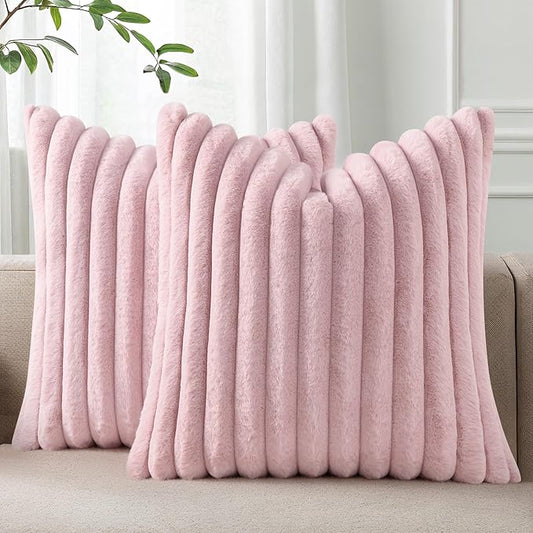 Pallene Faux Fur Plush Throw Pillow Covers 18x18 Set of 2, Luxury Soft Fluffy Striped Decorative Pillow Covers for Sofa, Couch, Living Room, Blush Pink