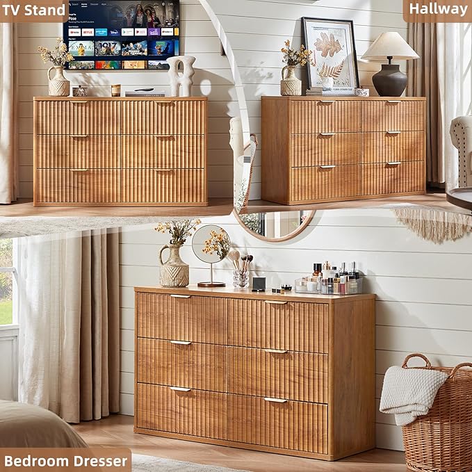 LEYAOYAO Fluted 6 Drawers Dresser for Bedroom, 48" Wide Modern Chest of Drawers with Metal Handle, Brown Curved Profile Farmhouse Closet Organizer Wood Dressers TV Stand for Living Room, Hallway