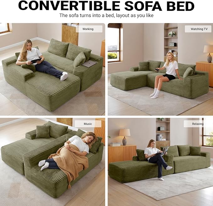 108 Inch Cloud Sectional Couch,Modern Modular Sectional Sofa with Deep Seat,Corduroy Boneless Couches with L-Shape Chaise for Living Room,No Assembly Required (Green, Left Facing Chaise)