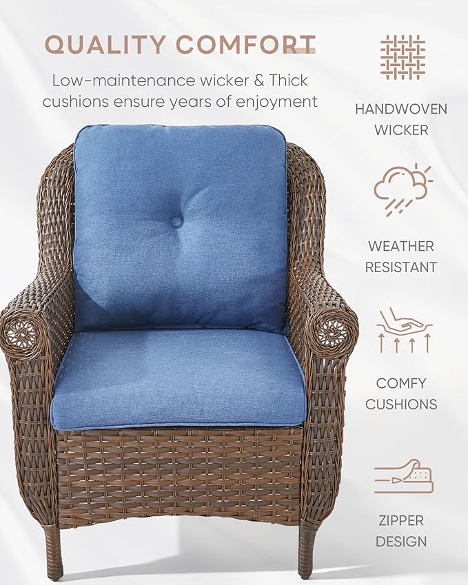 3 Piece Patio Brown Wicker Chairs with Side Table - Outdoor High Back Heavy Duty All-Weather Lawn Dining Rattan Chair Conversation Bistro Set for Deck Porch Balcony Backyard Garden - Navy Blue