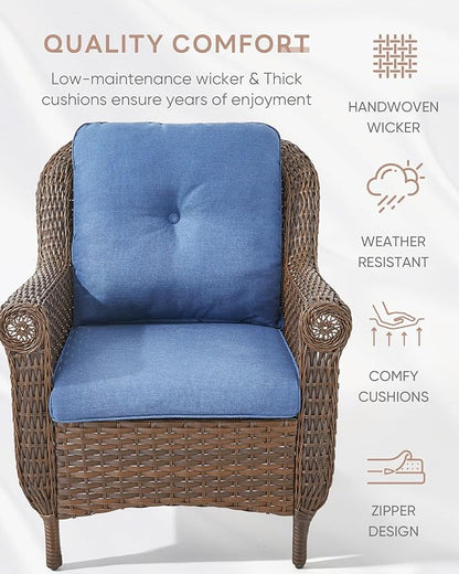 Patio Wicker Chairs Outdoor Furniture Chair - Set of 2 Outside All Weather Lawn Dining Brown Rattan Armchair with High Back&Deep Seating for Deck Porch Balcony Backyard Garden - Navy Blue