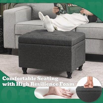 Ottoman with Storage 24'' Storage Ottomans Linen Fabric Ottoman Footstools Small Upholstered Foot Rest Stool for Couch, Living Room, Bedroom, Entrance Shoe Bench Dark Grey