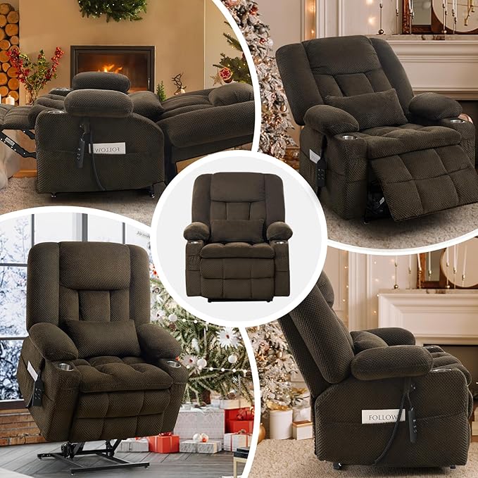ABCASA Oversized Dual Motor Lay Flat Power Lift Massage Recliner Chair Set of 2, Lift Chairs Recliner with Lumbar Pillow, Cup Holder for Elderly with Heat for Living Room - Brown