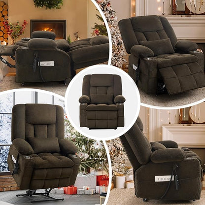ABCASA Oversized Dual Motor Lay Flat Power Lift Massage Recliner Chair Set of 2, Lift Chairs Recliner with Lumbar Pillow, Cup Holder for Elderly with Heat for Living Room - Brown