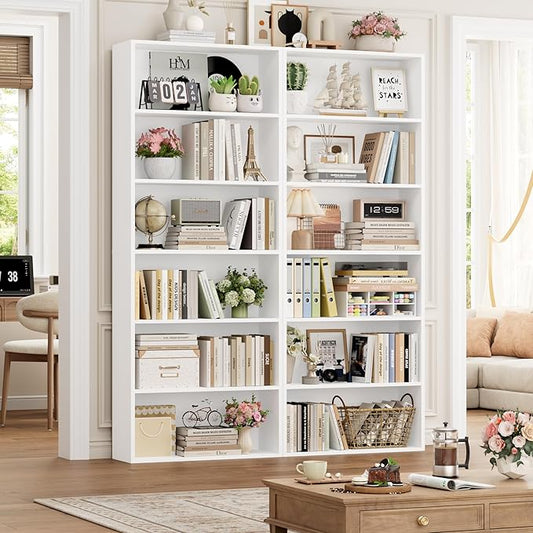 FOTOSOK 70.8" Tall Bookcase Shelf, 6 Tier Wide Bookshelf with Storage, Billy Bookcase Set of 2, Large Bookshelf for Living Room, Home Office, White