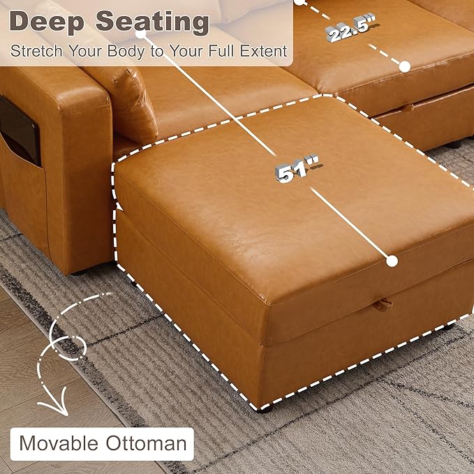 126.8" Modular Sectional Storage Sofa, Oversized Faux Leather U Shaped Couch with 2 Ottoman, Cloud Couch with Headrest & Side Pockets, Sectional Sofas for Living Room Apartment Small Spaces, Brown