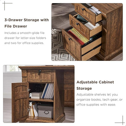 OKD 60" L Shaped Executive Desk with Drawers, Farmhouse Home Office Desk with Charging Station, File Cabinet Storage, Wood Corner Computer Desk for Work and Study, Reclaimed Barnwood