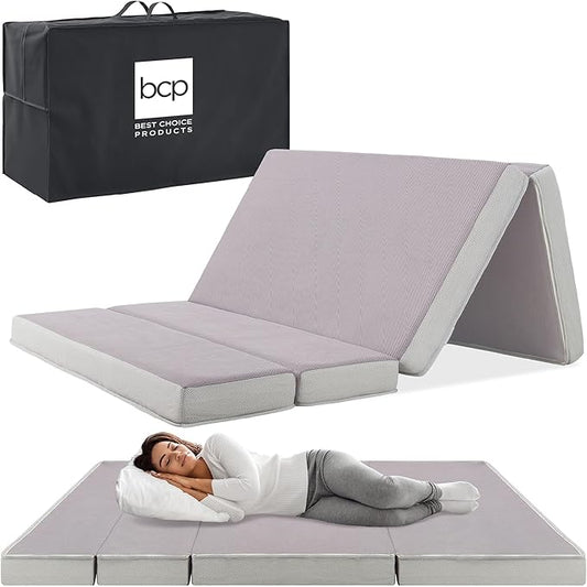Best Choice Products 4in Portable Queen-Size Mattress, Tri-Fold Mattress for Camping, Guest, Toddler, Foam Plush w/Carry Case - Grey