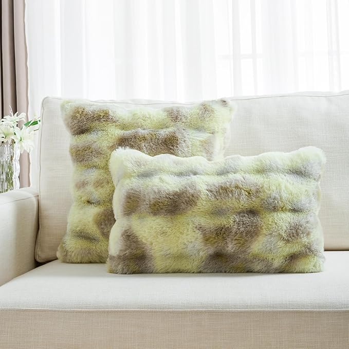 FUTEI Green White Decorative Throw Pillow Covers 16x16 Inch Set of 2,Soft Fuzzy Faux Rabbit Fur Cushion Covers with Raised Texture,Neutral Boho Home Decor for Couch Bed Living Room